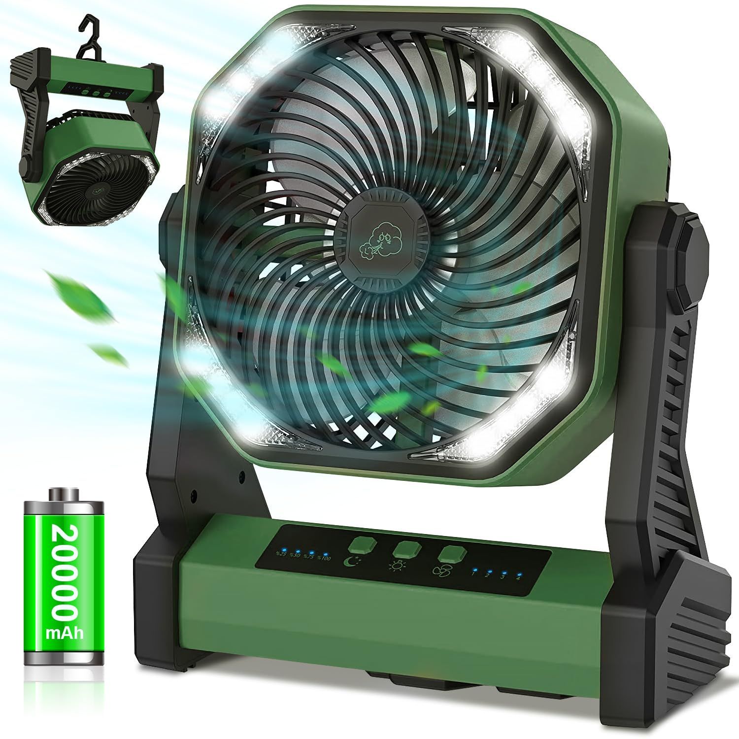 【1台3役＆20000mAh充電池内蔵】アウトドア扇風機 キャンプ扇風機 充電式 小型 2重反転ファン 風量4段階調節 LEDライト搭載 Type-C充電式 上下風向調節 コードレス 最大約46時間連続使用 フック付 大風量 防災 キャンプ 車中泊 熱中症ts