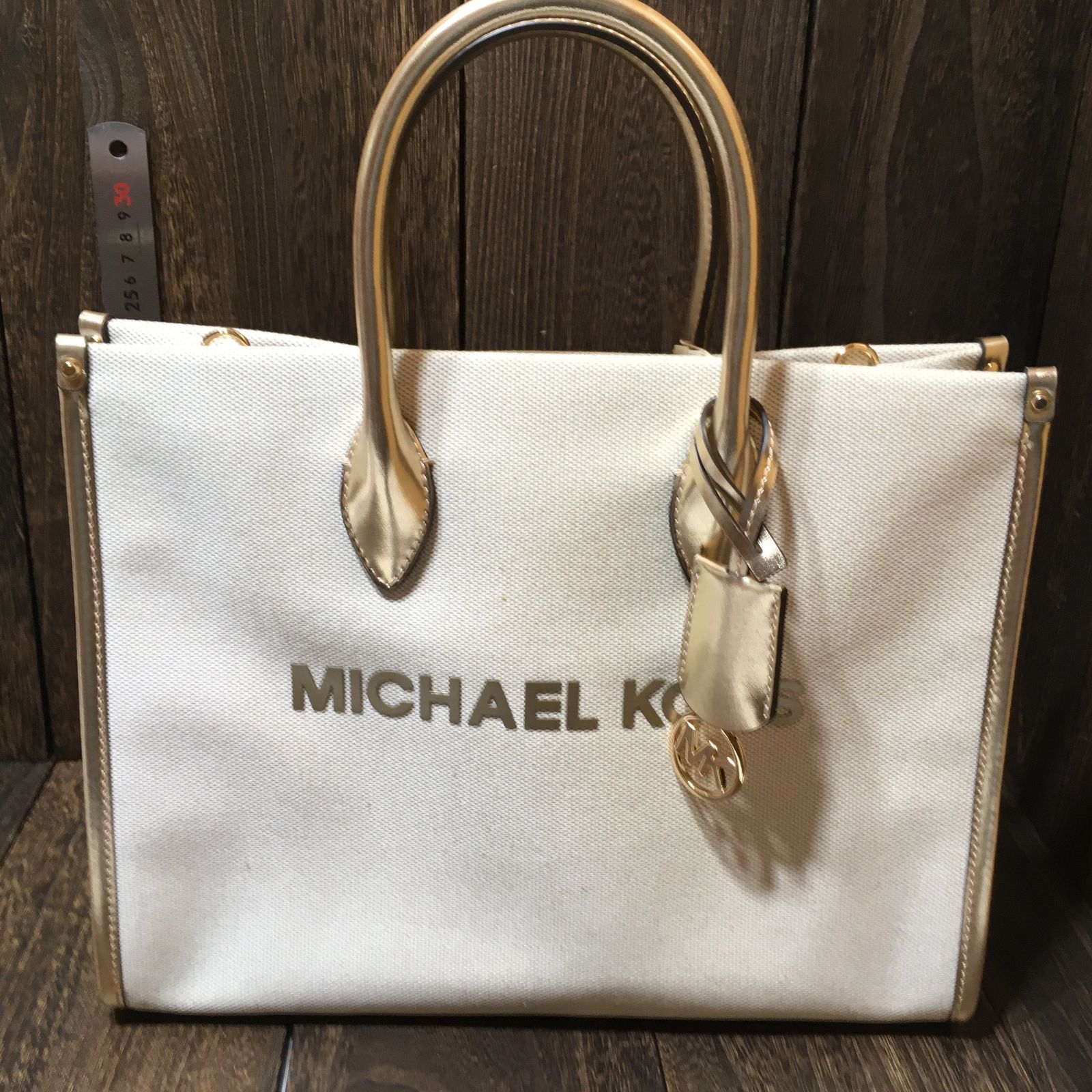 タグ付 MICHAEL KORS トートバッグ ホワイト ゴールド キャンバス マイケルコース