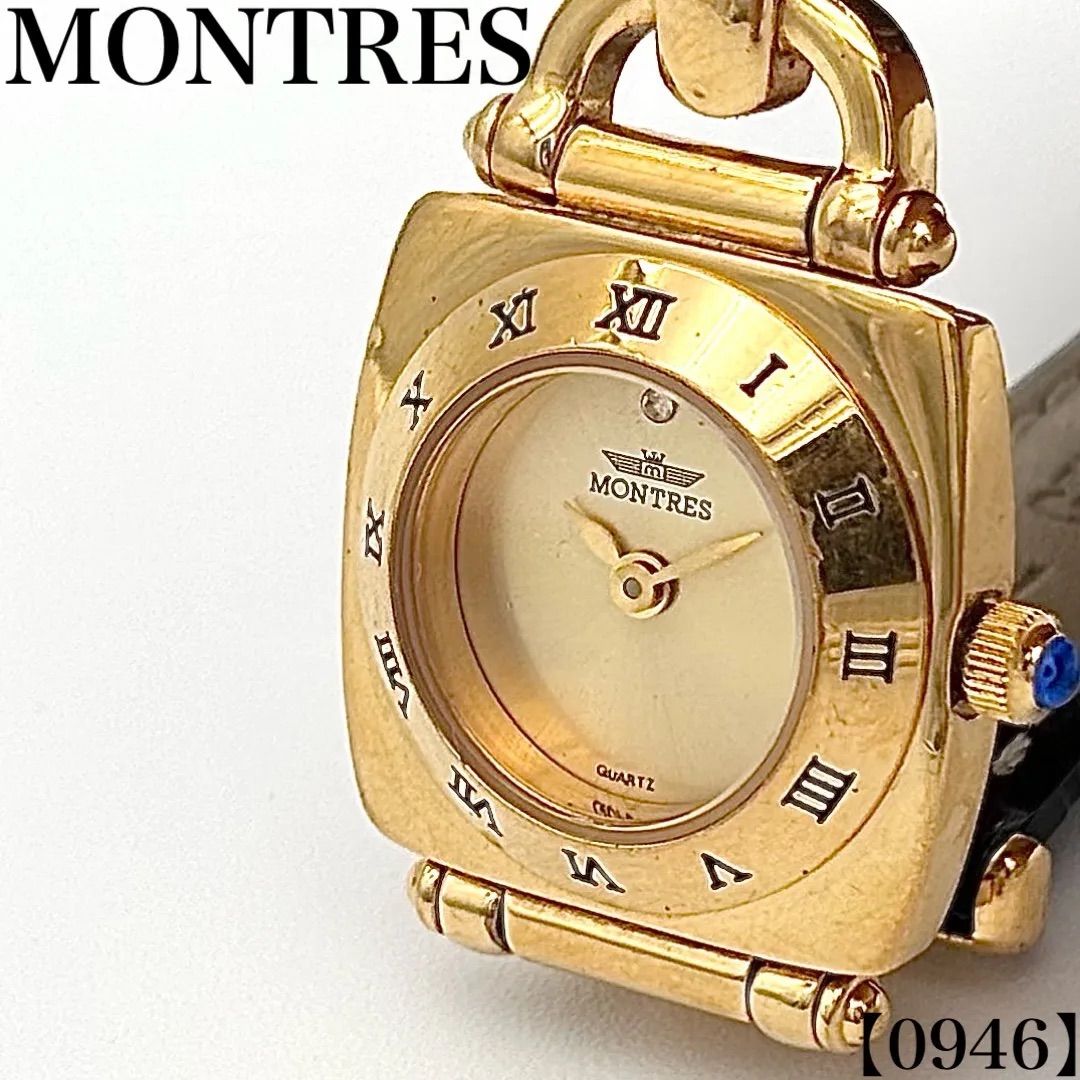 稼働品 Working item モントレス MONTRES 腕時計 レディース Ladies クォーツ Quartz 型番なし ホースビットスクエアフェイス ゴールドカラー ローマ数字インデックス バングルブレスウォッチ　0946