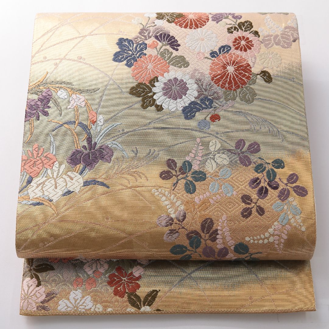 お買い得品！袋帯 帯丈442cm 正絹 六通 フォーマル 風景柄 四季草花 吉祥文様 多色系 1243-02117