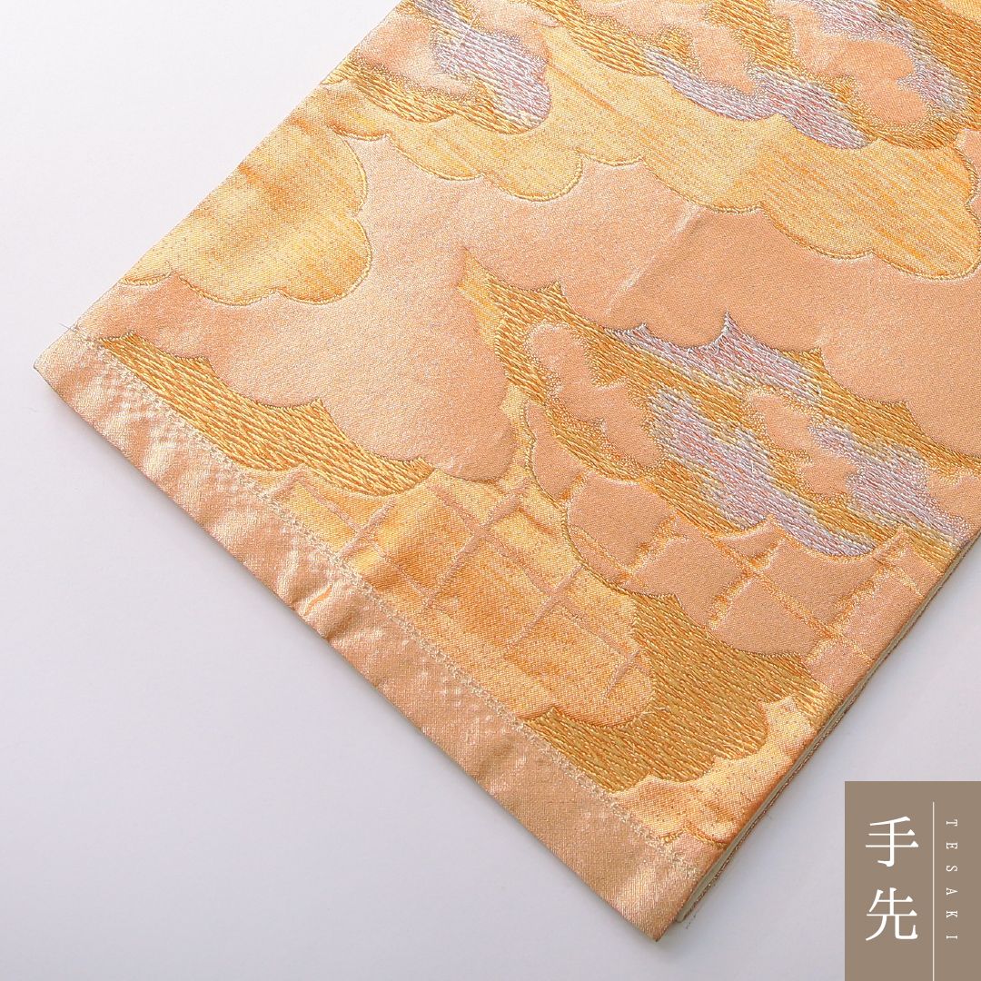 お買い得品！袋帯 帯丈400cm 正絹 六通 フォーマル 雲取り 吉祥文様 金