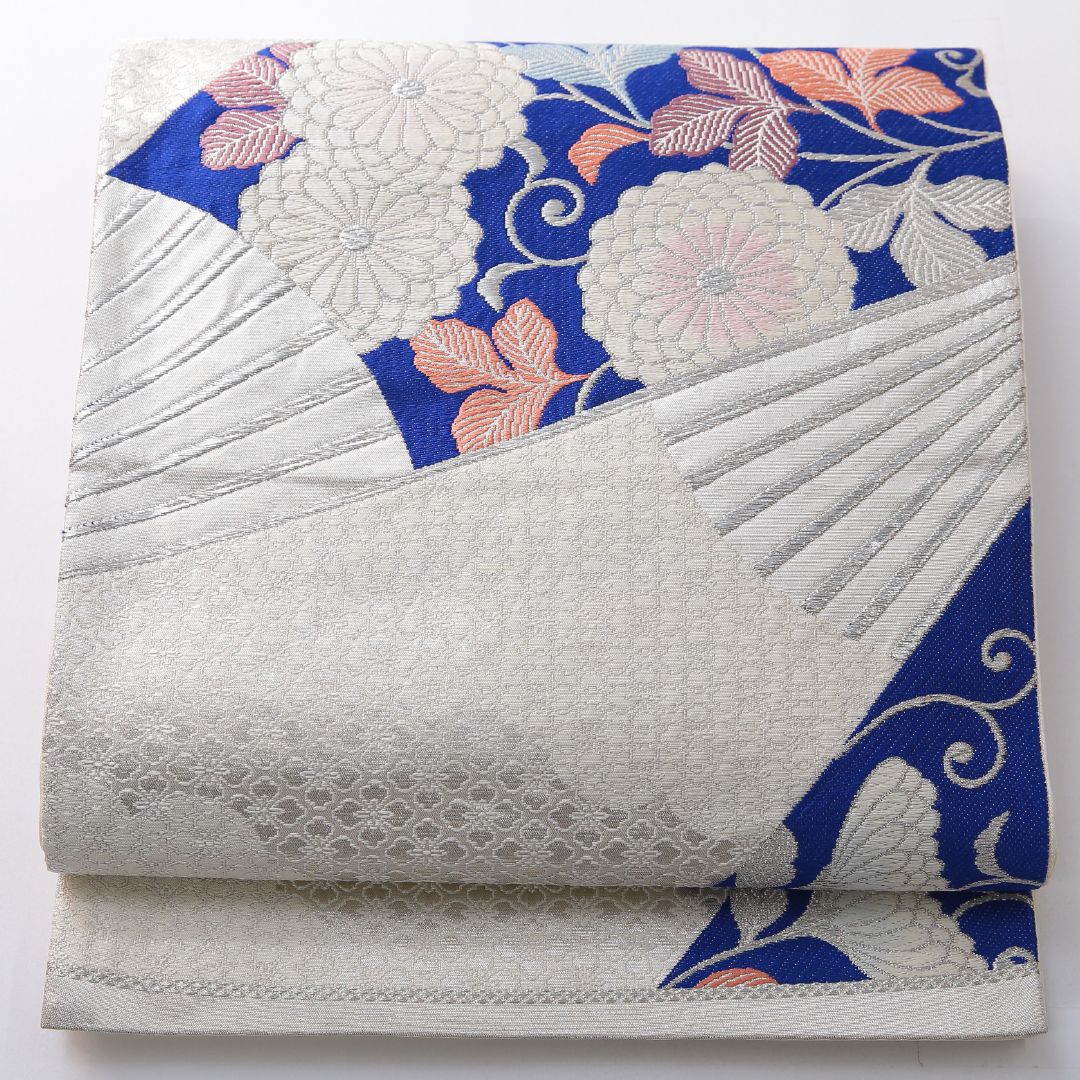 お買い得品！袋帯 帯丈428cm 正絹 六通 帯芯なし フォーマル 菊唐草文 扇面文 吉祥文様 クリーム系 1243-02147