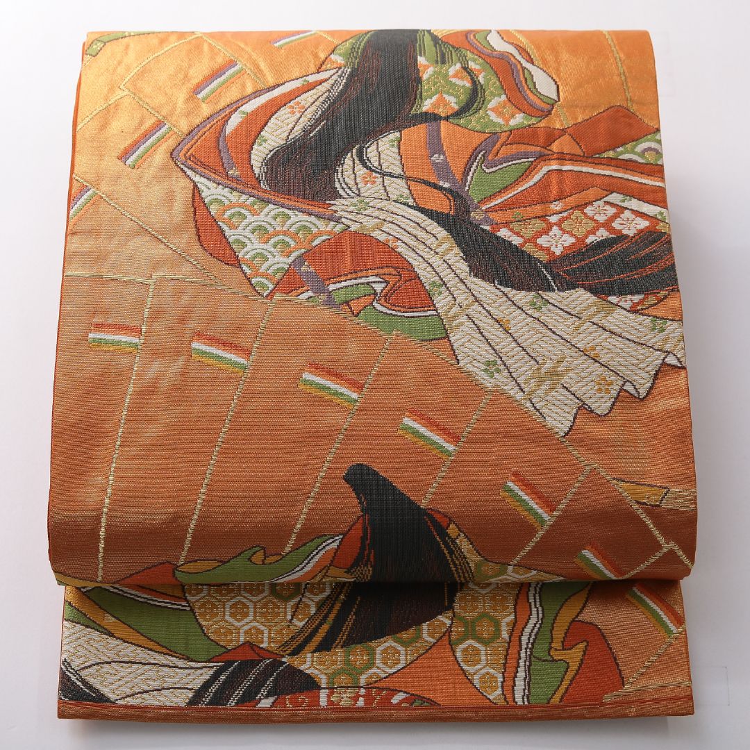 お買い得品！袋帯 帯丈444cm 正絹 六通 フォーマル 平安絵巻 大和美人文 檜扇 朱系 1243-02155