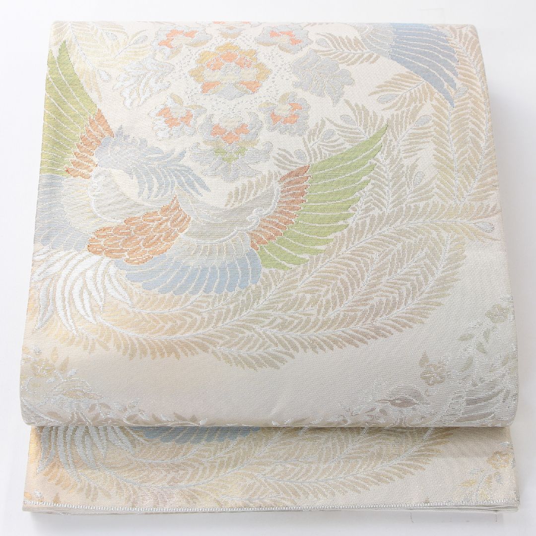 お買い得品！袋帯 帯丈416cm 正絹 六通 フォーマル 鳳凰 宝相華 クリーム系 銀系 1243-02174