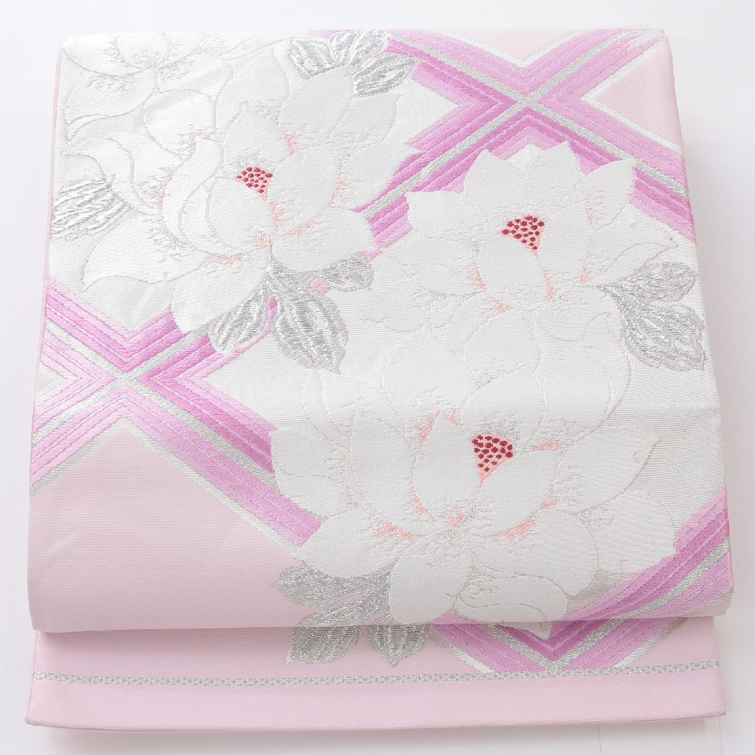 お買い得品！袋帯 帯丈416cm 正絹 六通 セミフォーマル 菱つなぎ 牡丹 紫系 1243-02178