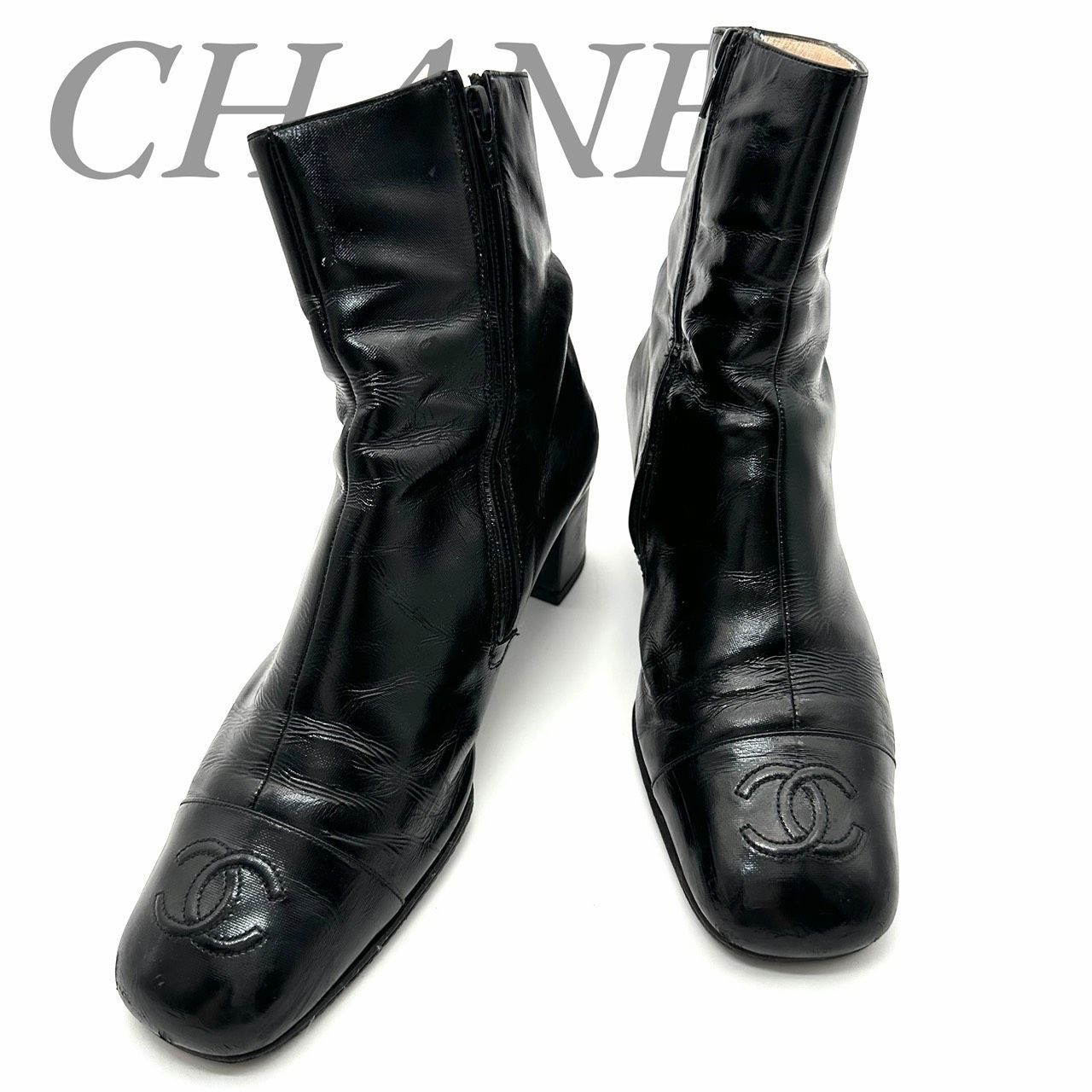 【B5462】 CHANEL シャネル ショートブーツ チャンキーヒール ブラック サイドジップ ココマーク スクエアトゥ フランス製