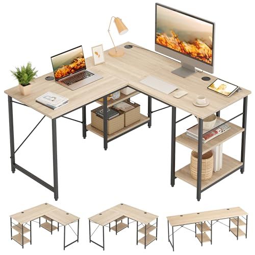 Bestier パソコンデスク l字デスク 幅120cm 机 pcデスク 棚付き コーナーデスク L字型 オフィスデスク 棚板高さ調節可能 書斎 在宅勤務 オークｍａ