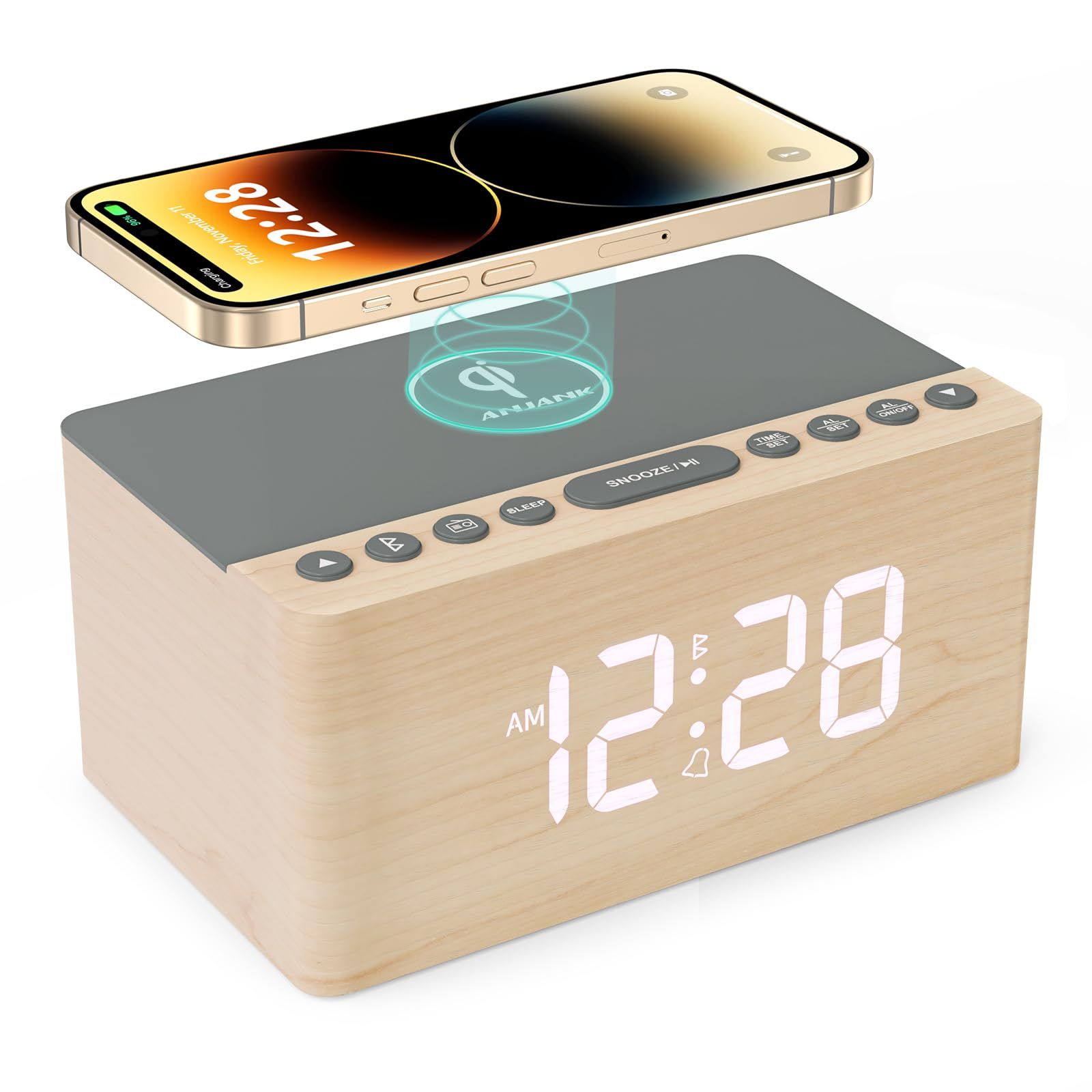 ANJANK 木製目覚まし時計付きBluetoothスピーカー、FM ラジオ、ワイヤレス充電器、USB 充電ポート、0~100% 調光器、スリープタイマー、デジタル時計付きLEDディスプレイ、おしゃれ置き時計、寝室、ベッドサイド、デスク、卓上用(ナチュラルma