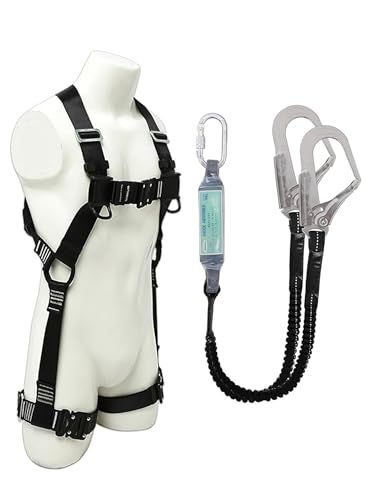 【新品】フルハーネス安全帯 新規格 セット 墜落制止用器具 伸縮式ランヤード2丁掛け ショックアブソーバー付き ワンタッチバックル 安全落下全身保護キット サイズ調整可能 建設 電力 高所作業用 日本語説明書 (ブラック) c0b12366