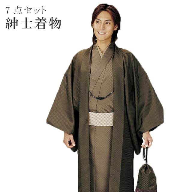 男性 着物 メンズアンサンブル 6点セット 103 アッシュエル H.L 市松 格子 洗える 緑系 和装 きもの sin5256-kimb100