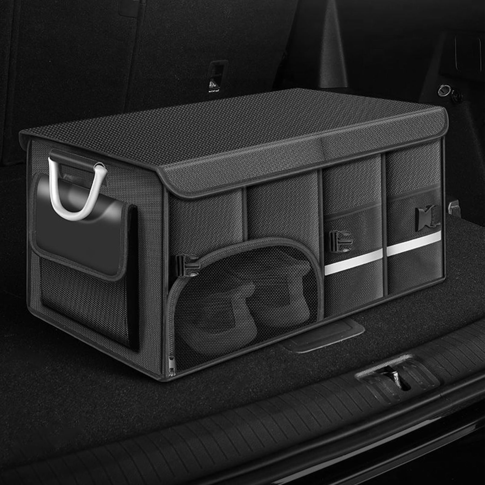 WAIZY 車用収納ボックス 車用 収納ケース 折りたたみ可能 大容量 600D防水 蓋付き 収納ケース アルミハンドル付 (黒, 60*35*30cm(靴倉庫))ts