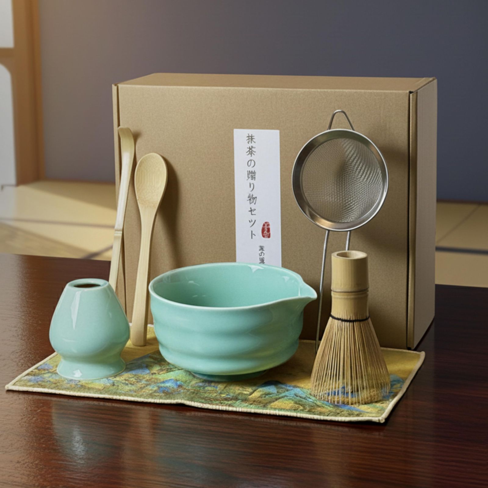 抹茶セット 7点 片口抹茶碗 百本立茶筅 茶杓 茶こし 茶筅立て 茶巾 スプーン 天然素材 自宅で点前や抹茶ラテを楽しめる 初心者にも使いやすい グリーン 母の日 敬老の日 誕生日にも/ 07c69a74