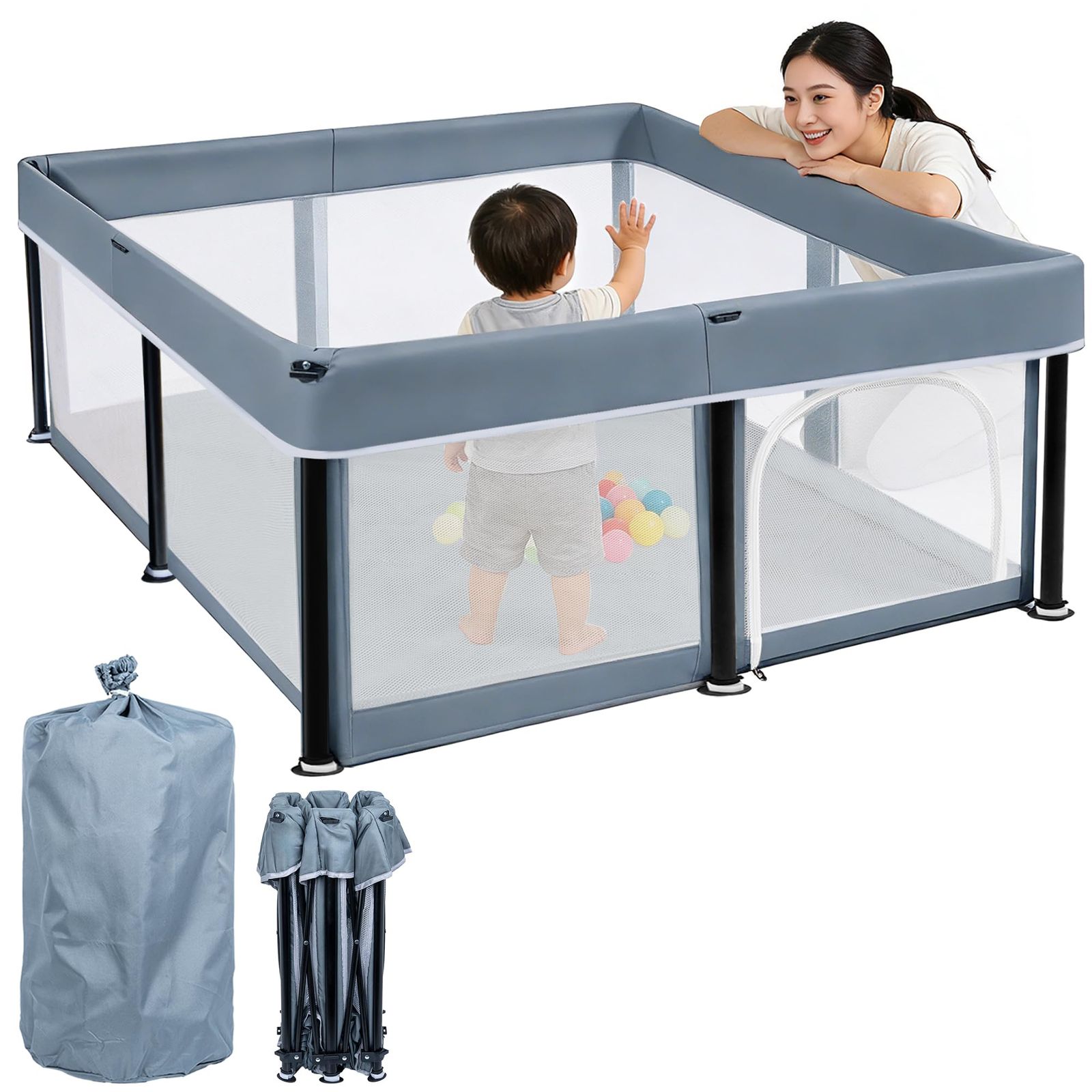 新品 BQKOZFIN ベビーサークル 180x180x65cm コンパクト 折りたたみ可能 扉付き 大型 baby playpen プレイヤード 滑り止め吸盤 メッシュタイプ 洗濯可能 子供 ペットが利用可能 収納バッグ付き 室内外対応 子供 軽量（ダークグ