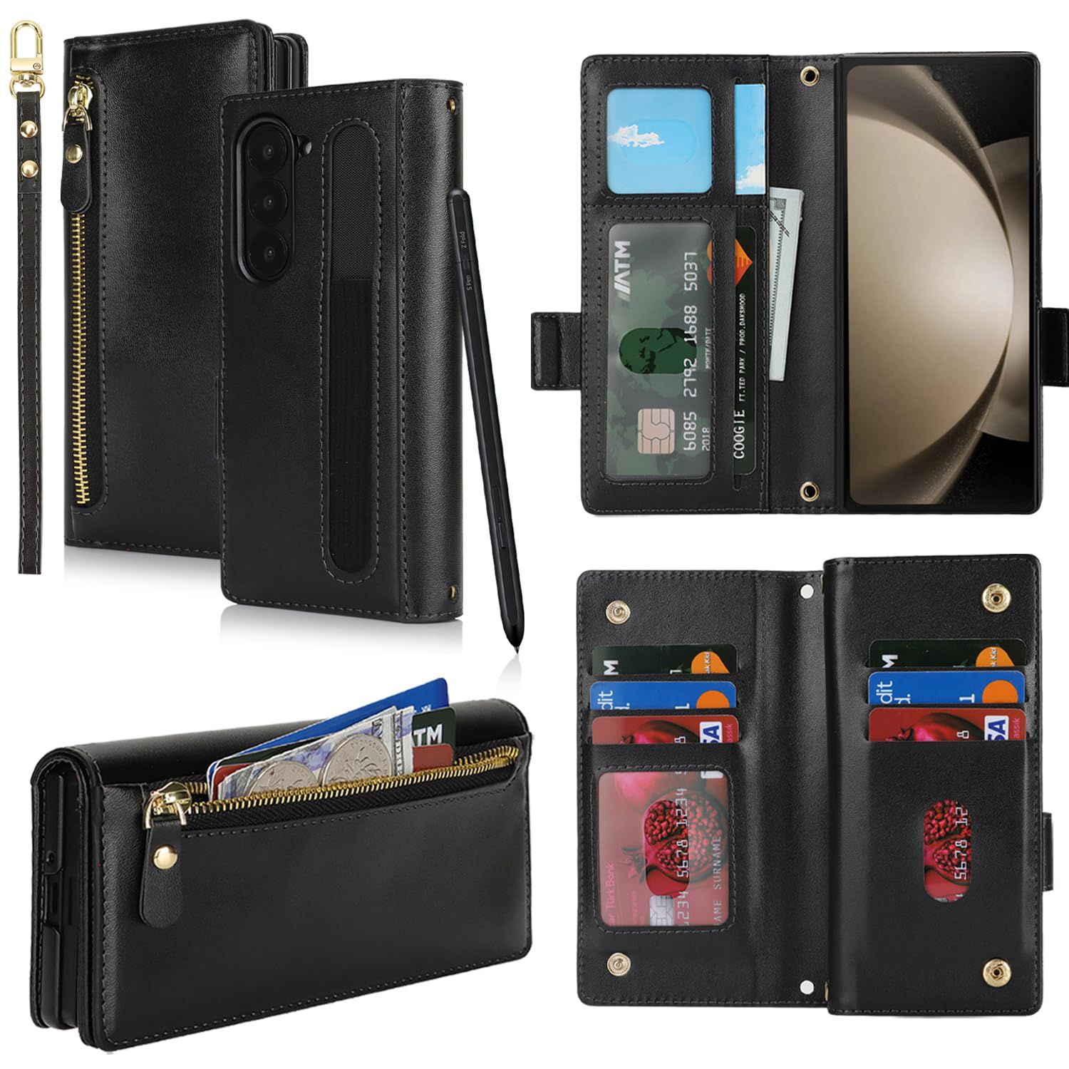 Brand New Pelanty for Galaxy Z Fold 5 5G Handbook Case SC-55D SCG22 Cell Phone Cover, Hand Lanyard with S Pen Storage, Handmade Soft Synthetic Leather, Samsung Galaxy Z Fold 5 Smartphone Case, Bill Holder, Coin Purse, Large Capacity Wallet