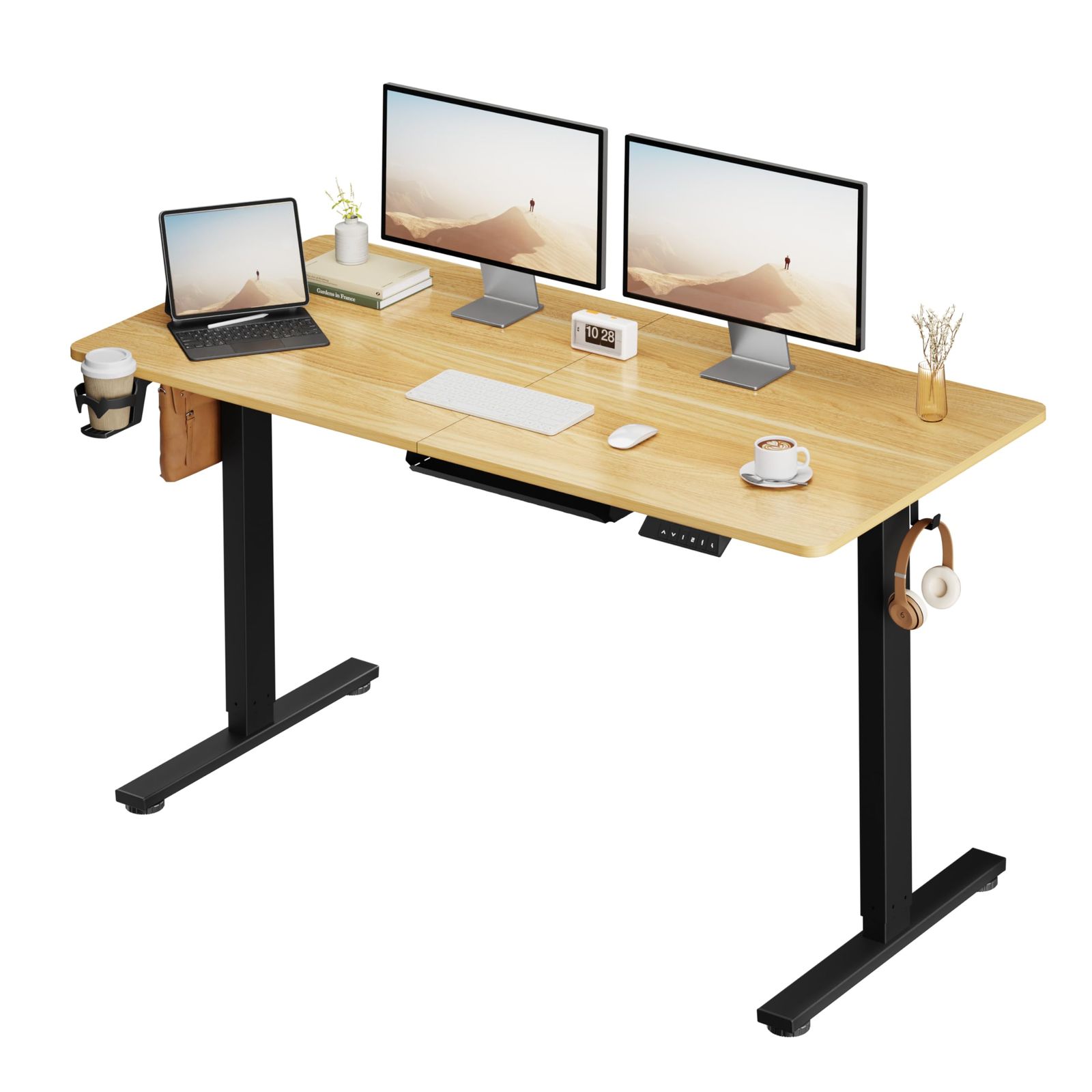 SANODESK 電動昇降式デスク E150 高さ調節デスク パソコンラック PCデスク 収納ボックス付き メモリー機能付き 人間工学 耐荷重60kg 在宅ワーク/オフィス用 二枚板 (脚部(黒)+天板(メイプル), 140*60cm)ma