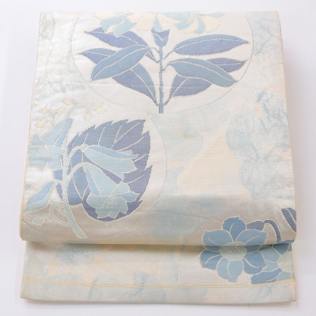 お買い得品!袋帯 帯丈446cm 正絹 六通 帯芯なし セミフォーマル 百合 クリーム系 1243-02204
