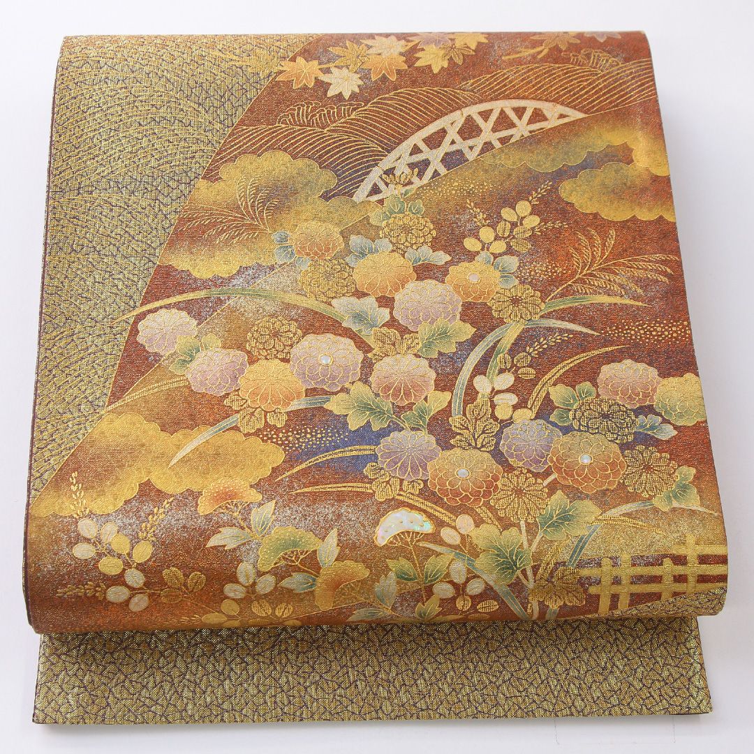 お買い得品！袋帯 帯丈454cm 正絹 ポイント柄 フォーマル 四季山野 金系 1243-02221