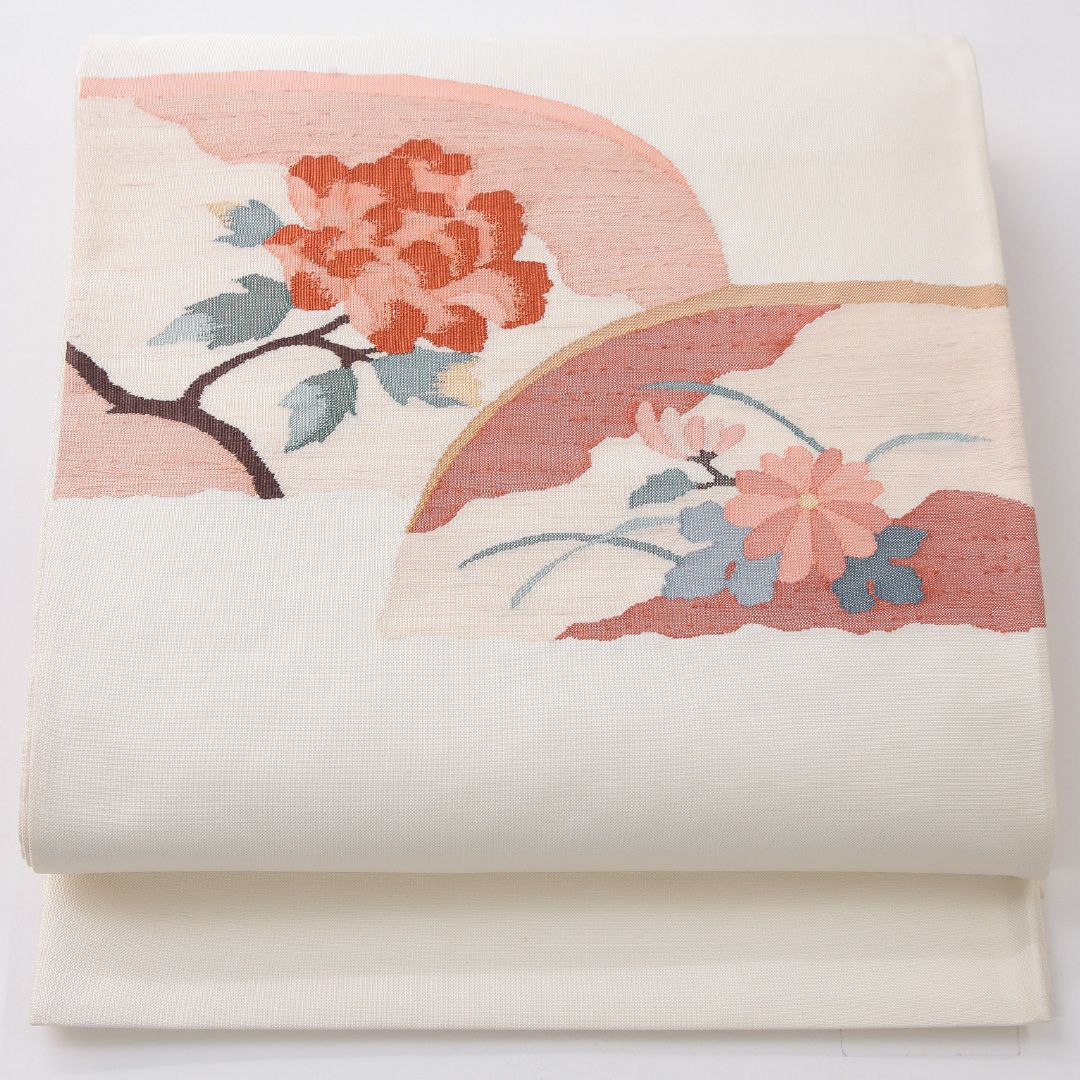 お買い得品！未使用品 袋帯（紬） 帯丈428cm 正絹 ポイント柄 帯芯なし カジュアル 牡丹 菊 クリーム系 1243-02237