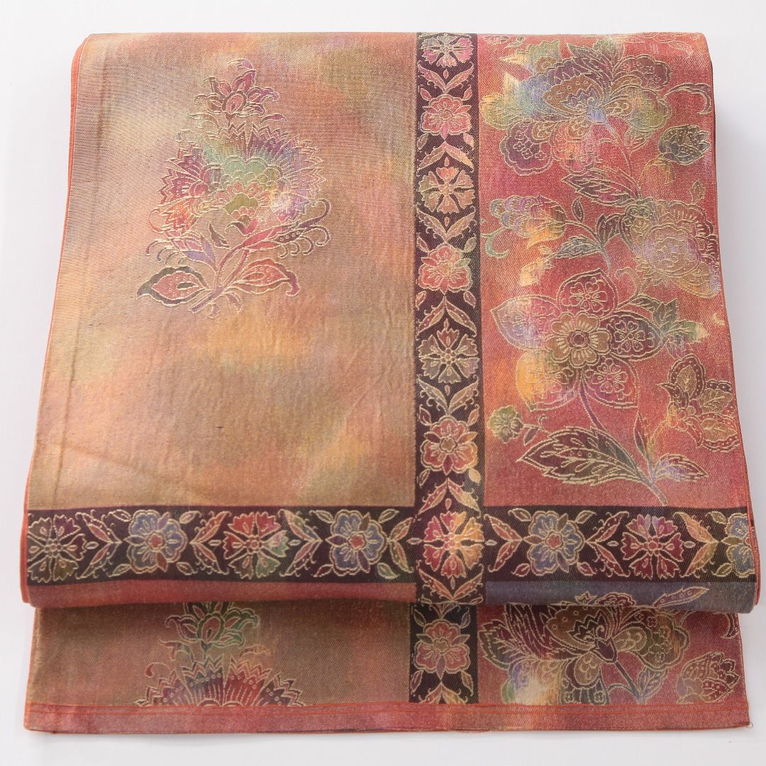 お買い得品！袋帯 帯丈412cm 正絹 六通 帯芯なし フォーマル 唐草華文 多色系 1243-02253