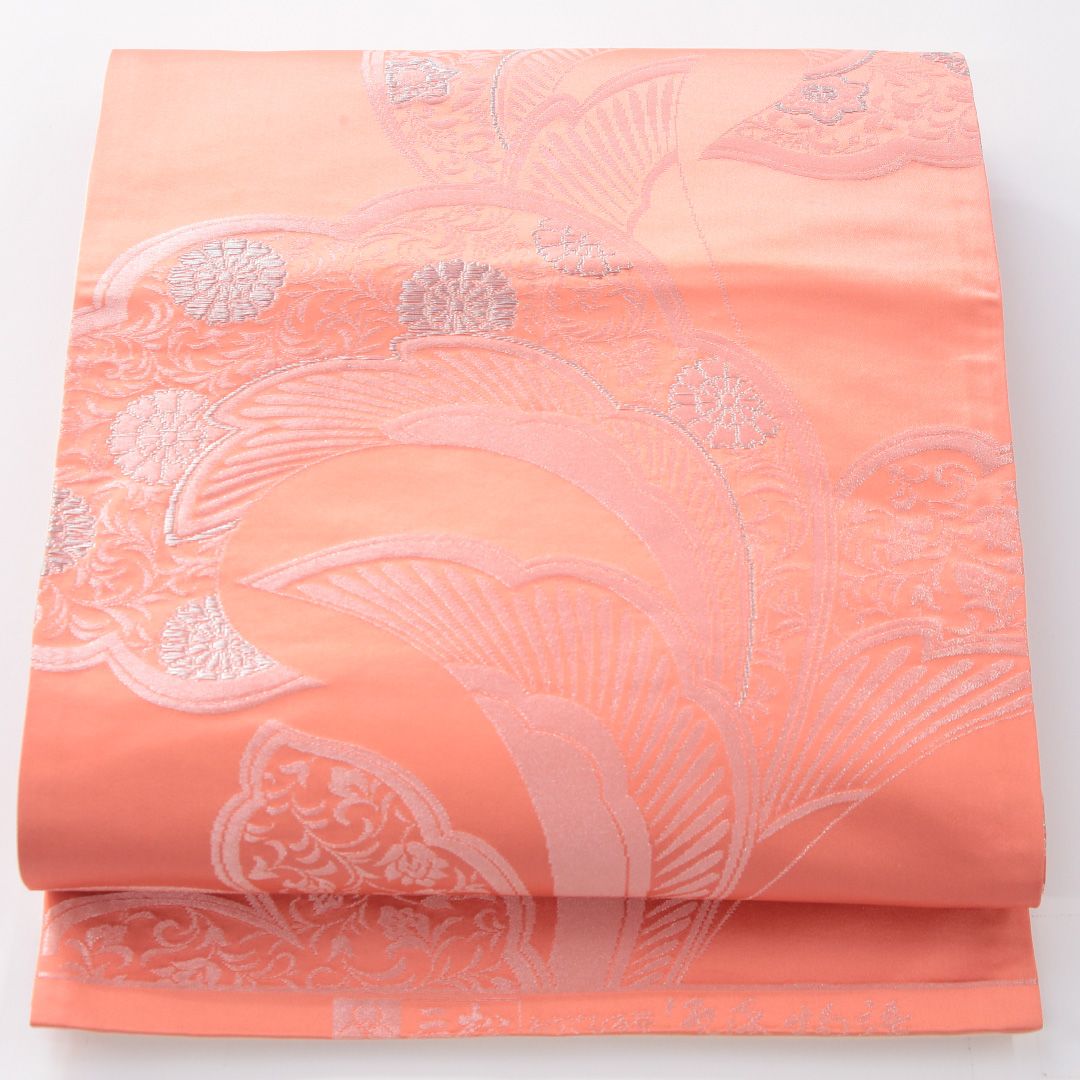 お買い得品!未使用品 袋帯 帯丈426cm 正絹 全通 帯芯なし 三松 セミフォーマル 唐草華文 ピンク系 1243-02255