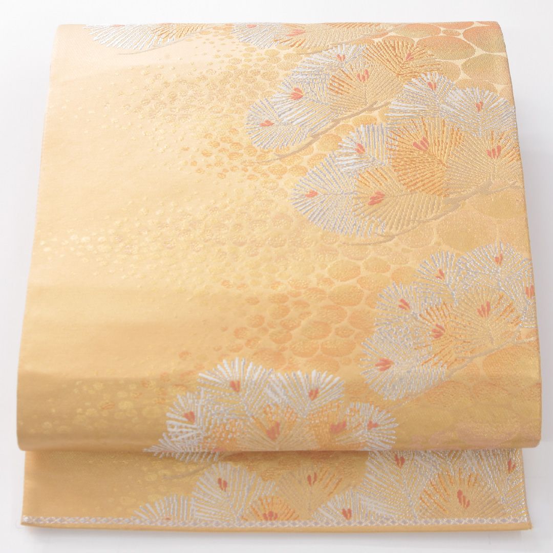 お買い得品！袋帯 帯丈420cm 正絹 六通 フォーマル 松 吉祥文様 ベージュ系 金系 1243-02258