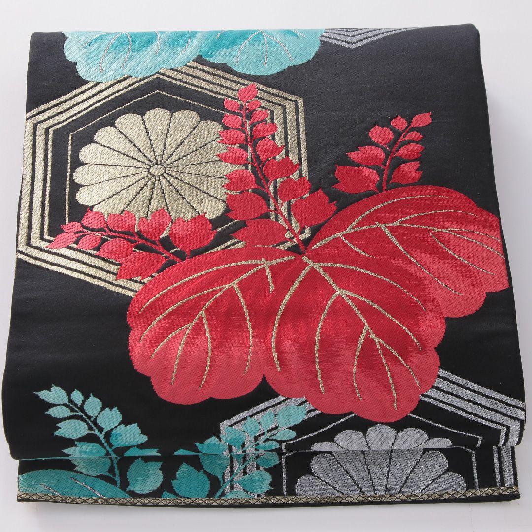 お買い得品！袋帯 帯丈418cm 正絹 六通 帯芯なし フォーマル 桐 菊亀甲 古典柄 黒系 1243-02262