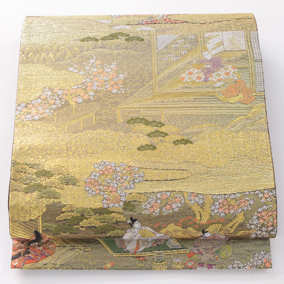 お買い得品！袋帯 帯丈450cm 正絹 六通 式図物語 フォーマル 平安絵巻 吉祥文様 金系 銀系 1243-02267