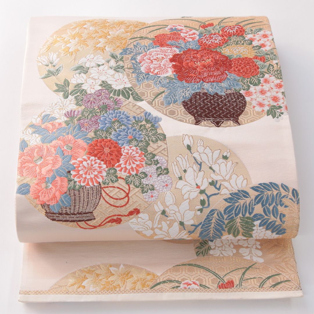 お買い得品！袋帯 帯丈436cm 正絹 六通 フォーマル 唐織 九百錦 花籠 クリーム系 1243-02294