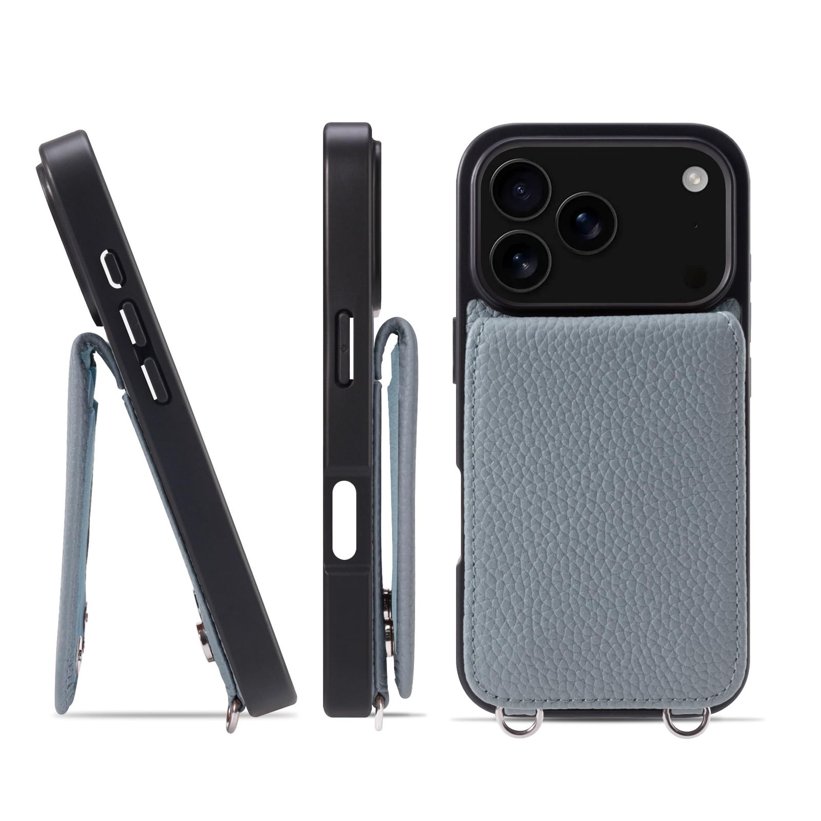 新品 HANATORA for iPhone 17Pro ケース バンパー型 本革 スマホケース スマホ カードポケット スタンド ショルダーストラップ 付き シュリンクカーフレザー アイシーブルー SCPG-17Pro-IcyBlue ギフト 誕生日 女性