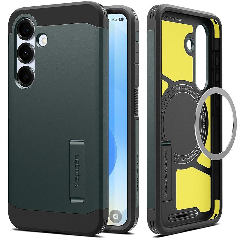 【新品】 Spigen Galaxy S25 ケース Magfit対応 マグネット搭載 スタンド付き マット 耐衝撃 米軍MIL規格 タフ・アーマー（AI）・マグフィット ACS09010 (アビス・グリーン)