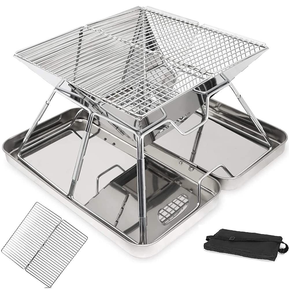 新品 Rikopin(リコピン) 焚き火台 バーベキューコンロ収納ケース付 コンパクト グリル 折りたたみ BBQコンロ 2-4人用 ステンレス 軽量 サイズ:31cm×31cm×20cm (替え網付き)