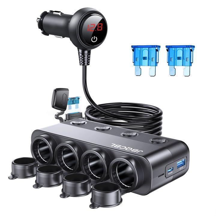 12V/24V 車載用シガーライター分配器 216W 4ポート USB-C/QC3.0対応 防水防塵カバー付き 独立スイッチ トラック/キャンピングカー用 車載冷蔵庫/ドライブレコーダー対応 急速充電(沖縄・離島の方不可)