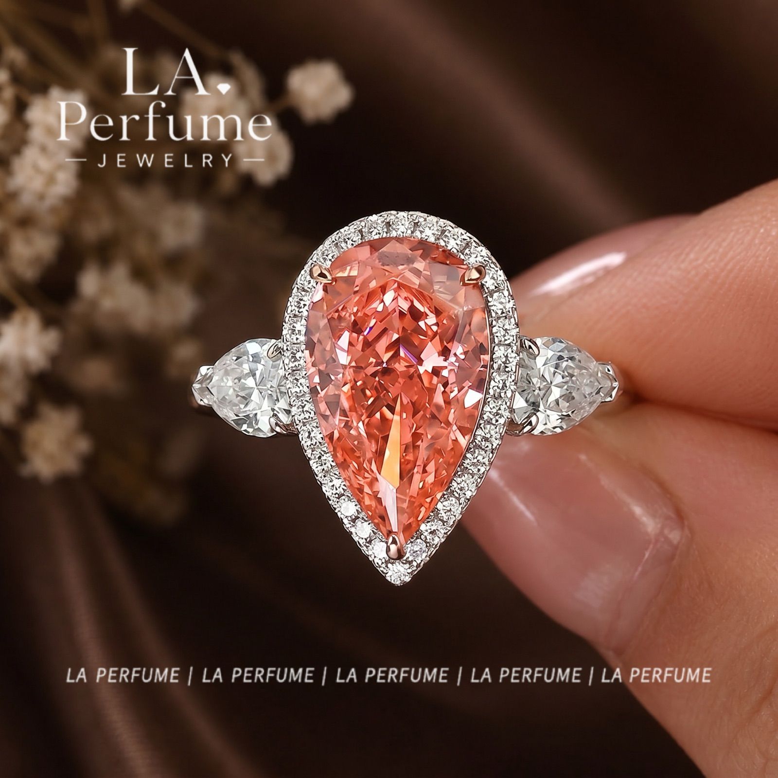 ラボグロウン パパラチアサファイア 8ct 高炭素ダイヤモンド キラキラ ゴージャス 指輪 ハイカーボンダイヤモンド S925 シルバー925 リング 人工 ピンク オレンジ ペアシェイプ ドロップ ヘイローリング