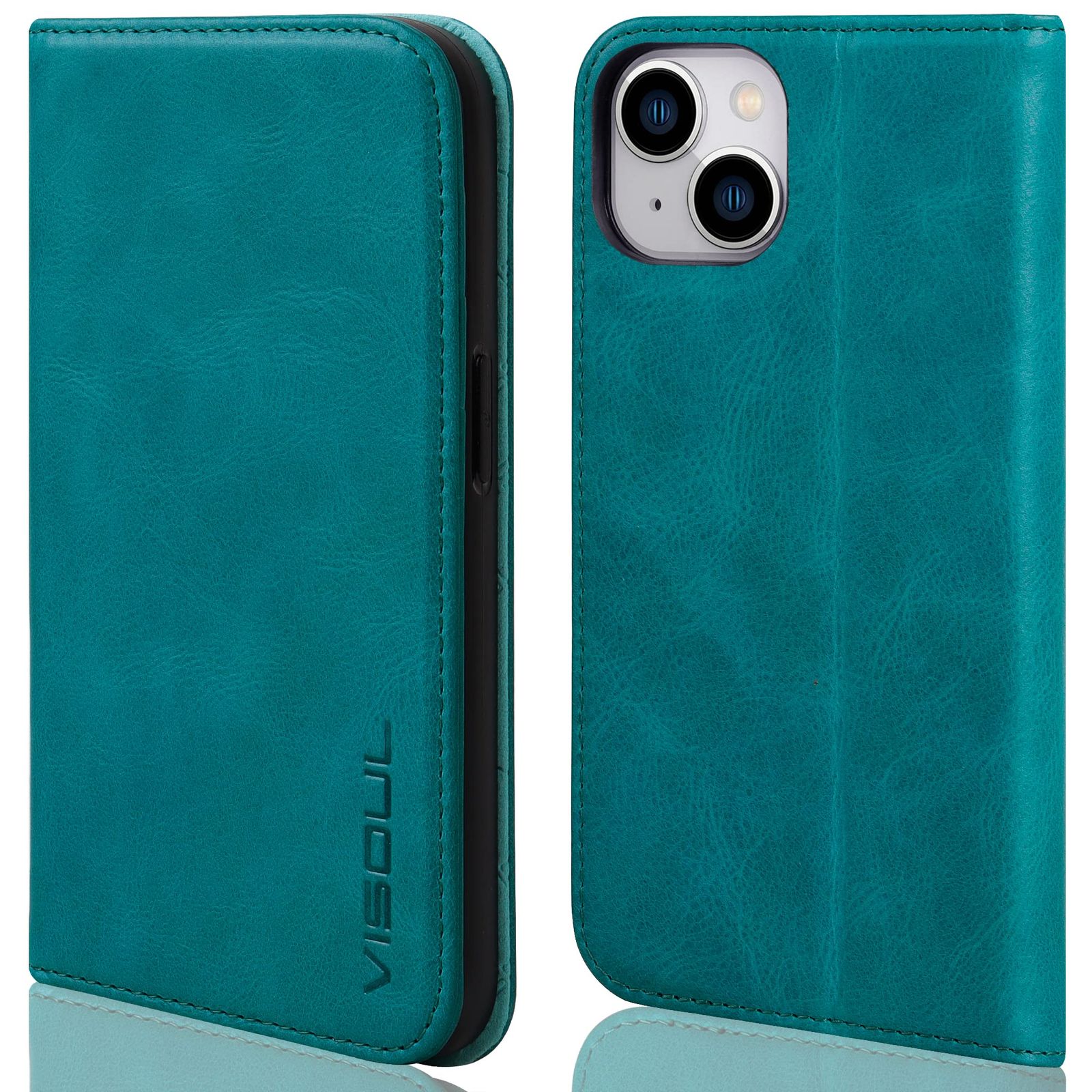 新品 VISOUL iPhone 13 ケース 手帳型 本革 アイフォン13 ケース レザー スマホケース カード収納 携帯ケース 全面保護 マグネット 横置きスタンド機能付き iPhone 13 ケース iphone 13 対応 6.1インチ ミント