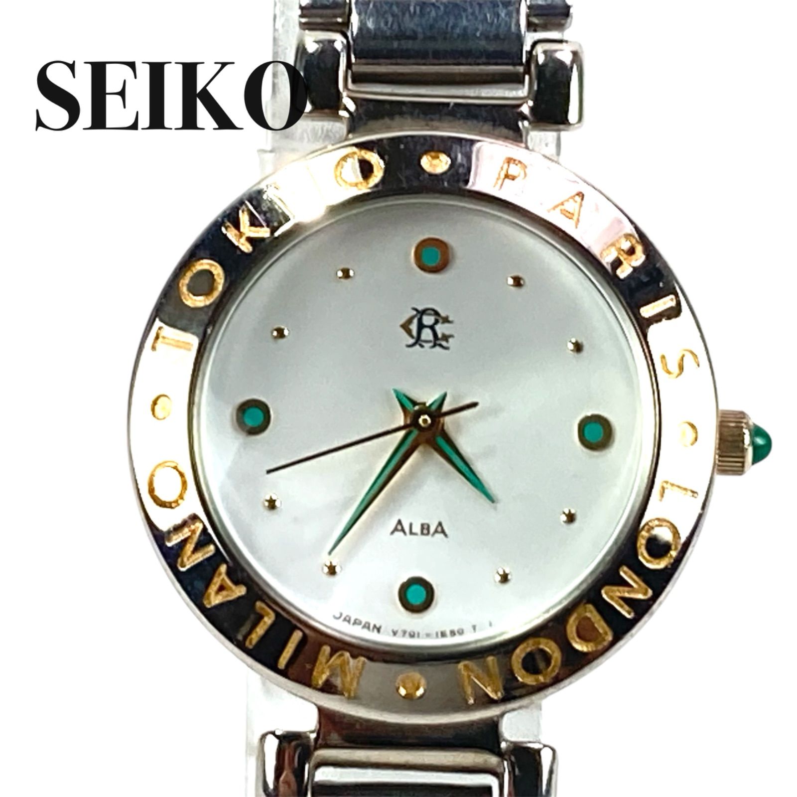 [Good Condition Brand New Battery Replaced] Seiko Alba Seiko Alba Quartz Watch 3 Hand Round Bezel City Name TOKYO PARIS LONDON MILANO Silver Gold Green Shell Style Dial Metal Band Vintage Antique