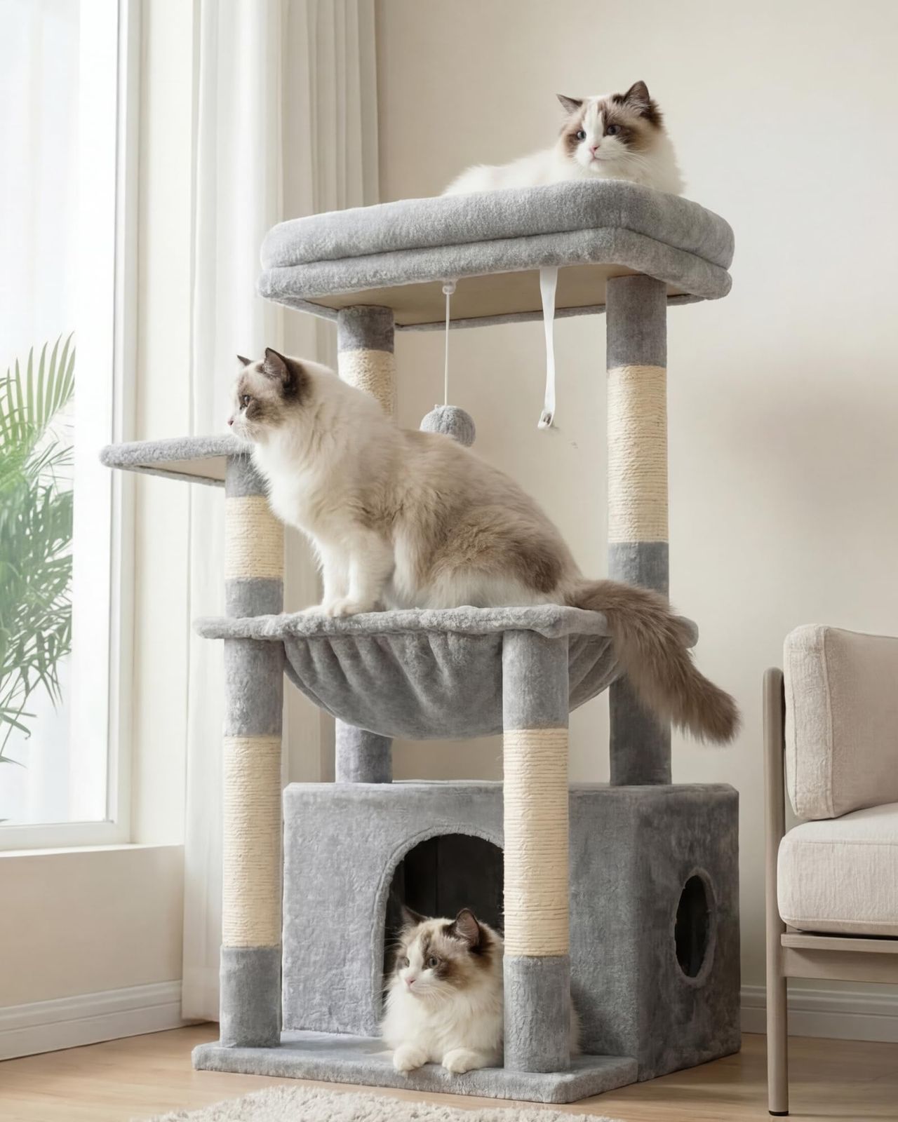 Heyblyキャットタワー 大型ふかふか猫バスケット 据え置きタイプ 省スペース 広め猫ハウス隠れ家 コンパクト猫タワー トップ展望台付き シザル麻爪とぎポール おもちゃボール付き 室内用猫家具 ライトグレー HCT008SWma ba628e02