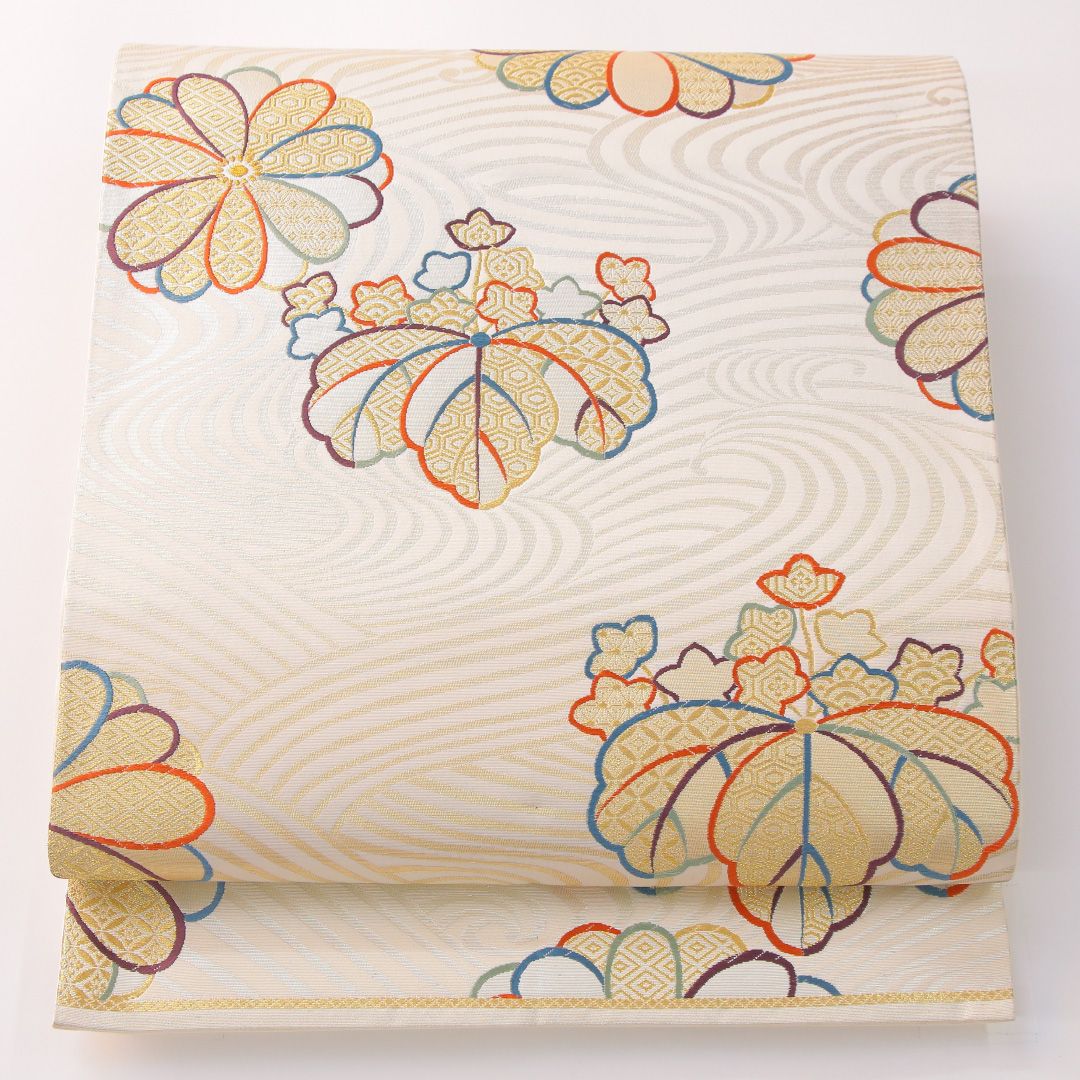 お買い得品！未使用品 袋帯 帯丈436cm 正絹 六通 フォーマル 家紋柄 荒磯 菊 桐 クリーム系 1243-02302