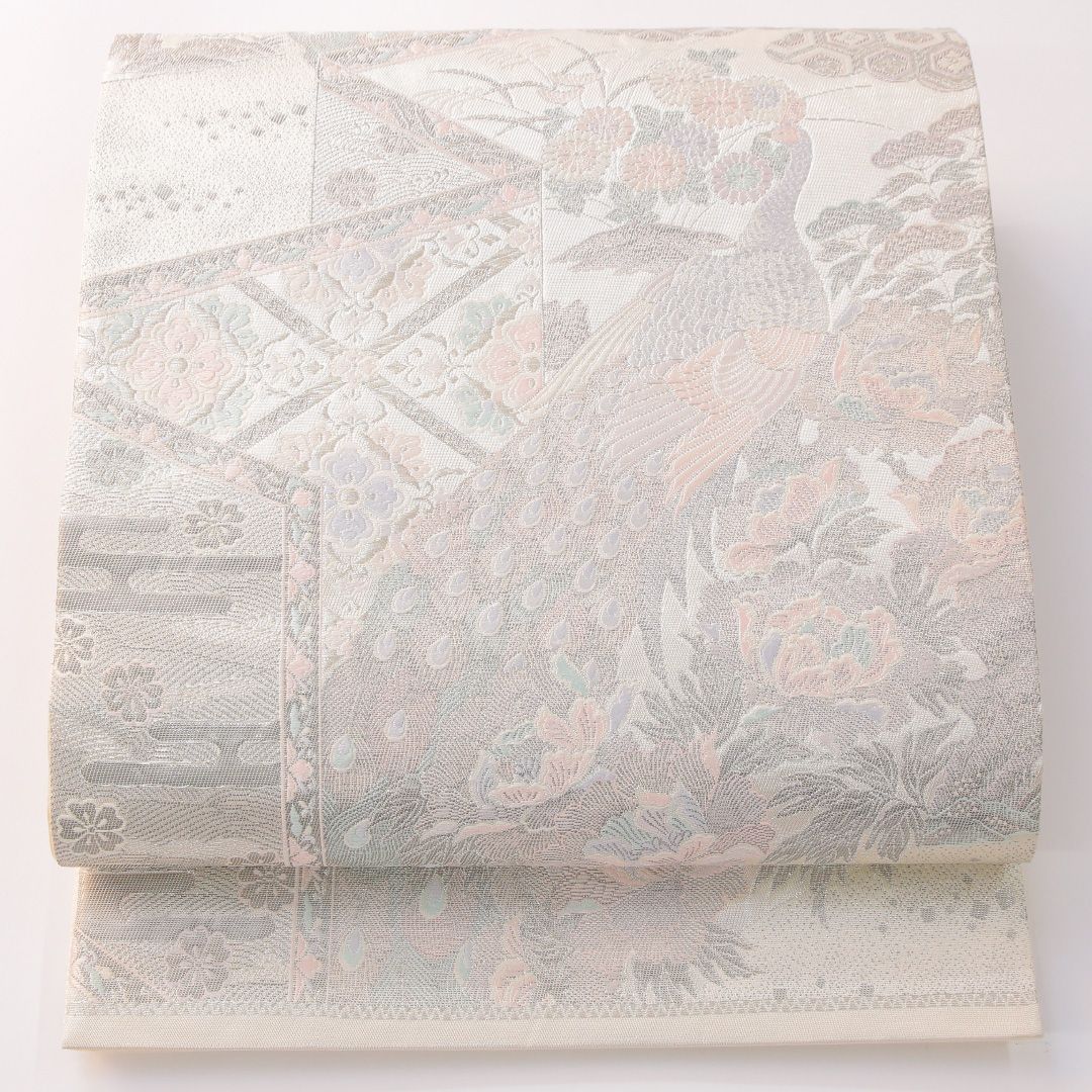 お買い得品！袋帯 帯丈432cm 正絹 六通 フォーマル 佐賀錦 孔雀 吉祥文様 銀系 1243-02301