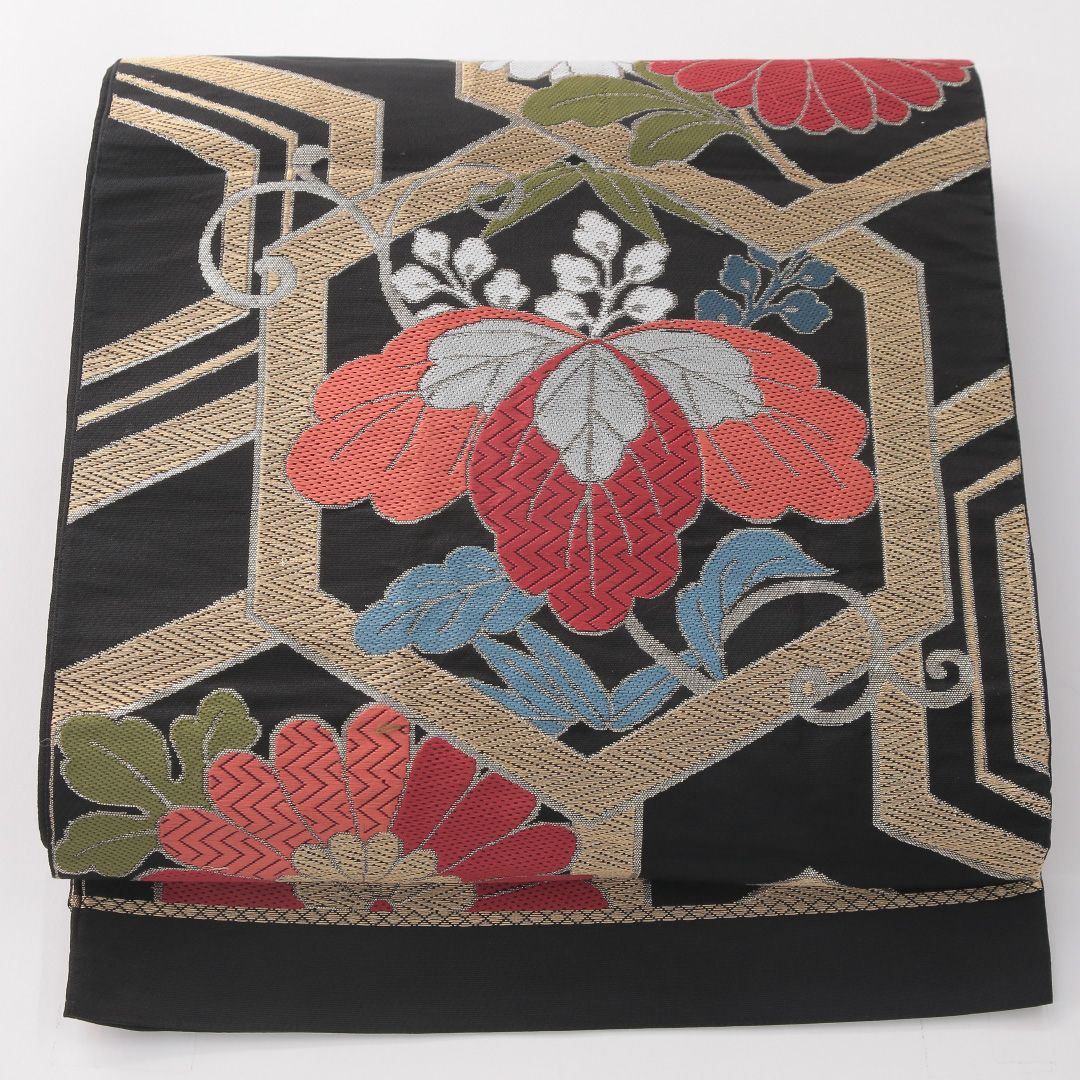 お買い得品！袋帯 帯丈406cm 正絹 六通 帯端のみ未仕立て 帯芯なし フォーマル 亀甲 菊 桐 吉祥文様 黒系 1243-02307