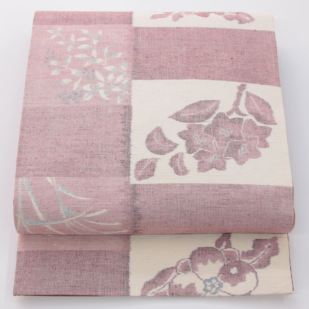 お買い得品！袋帯（紬） 帯丈428cm 正絹 全通 カジュアル 花柄 植物柄 ピンク系 1243-02318