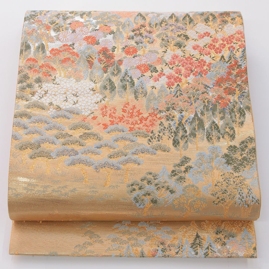 お買い得品！袋帯 帯丈436cm 正絹 六通 セミフォーマル 翠祥錦 四季山野 証紙 金系 1243-02325