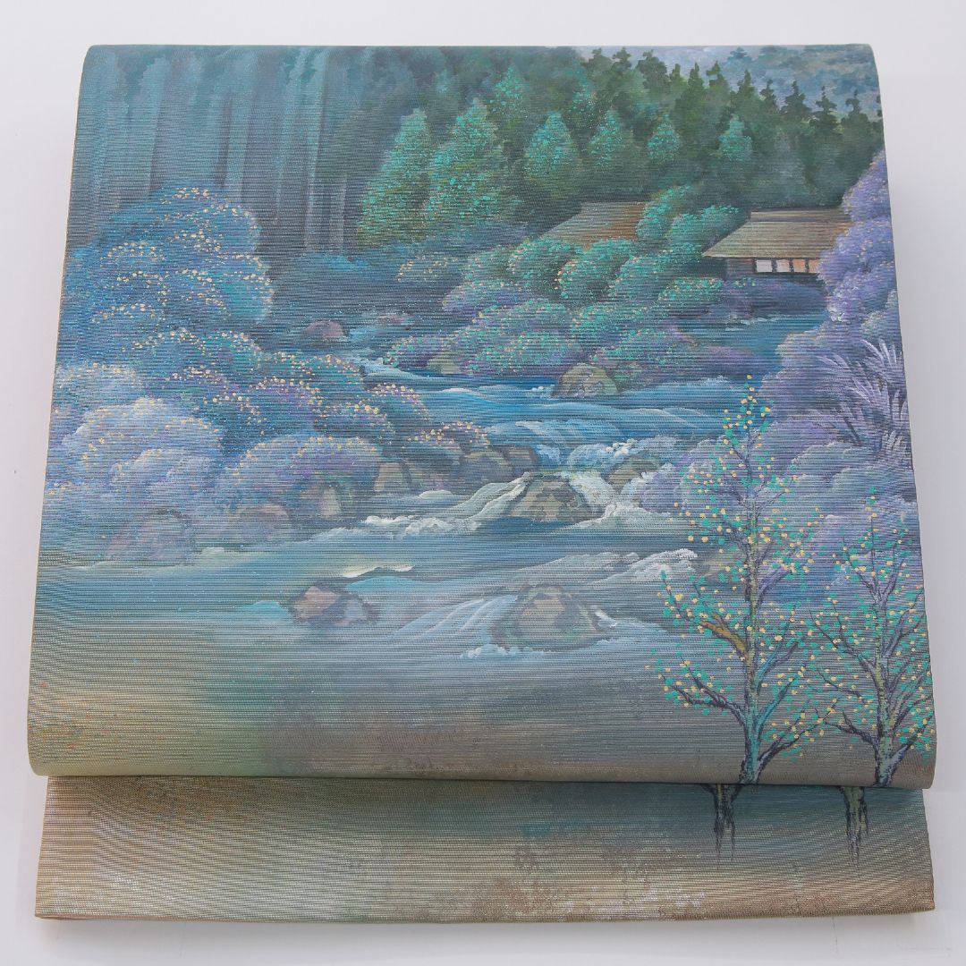 お買い得品！袋帯 帯丈432cm 正絹 ポイント柄 大原の里 インフォーマル 山水 作家物 落款 金系 1243-02328