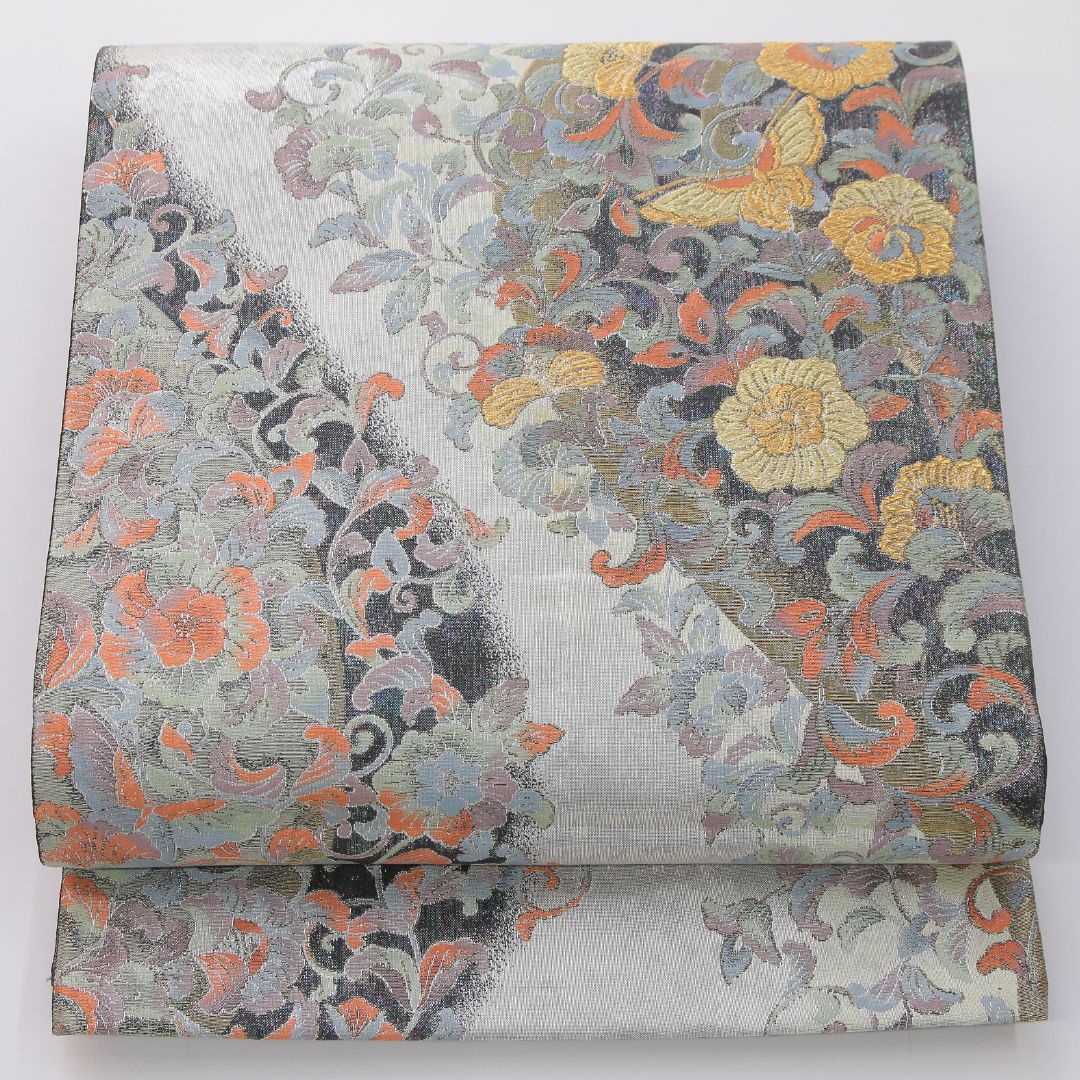 お買い得品!袋帯 帯丈442cm 正絹 六通 フォーマル 唐草華文 蝶 銀系 1243-02330