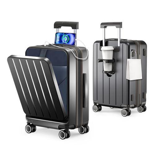 [BARGOHOY] スーツケース 拡張機能付き フロントオープン 機内持ち込み キャリーケース 超軽量 大容量 多機能 USBポート付き カップホルダー 隠しフック ファスナータイプ 静音ダブルキャスター TSAロック搭載 キャリーバッグ おしゃれ 旅行ｍａ