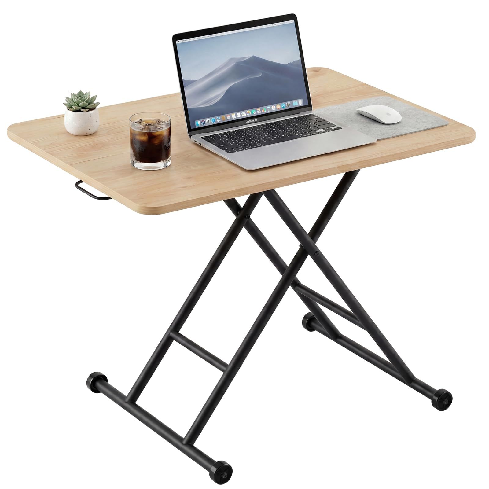 昇降式テーブル スムーズ昇降 無段階高さ調節 幅90×奥行60×高さ11~69cm 完成品 キャスター付き ダイニングテーブル ローテーブル 作業台 食卓 リビングテーブル (ナチュラル)ｍａ