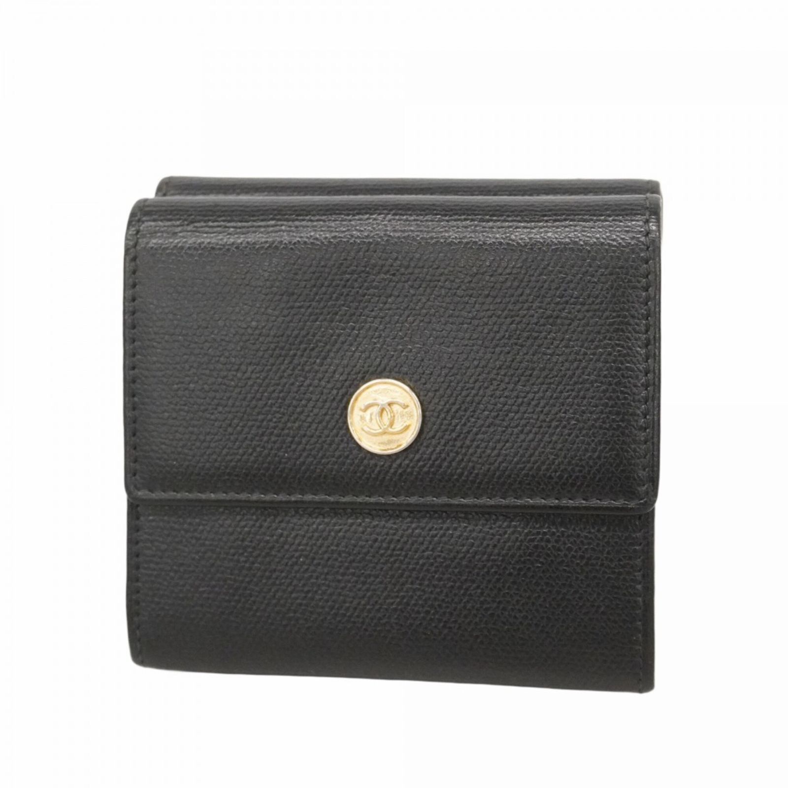 シャネル(Chanel) シャネル 三つ折り財布 ココボタン レザー ブラック シャンパンレディース