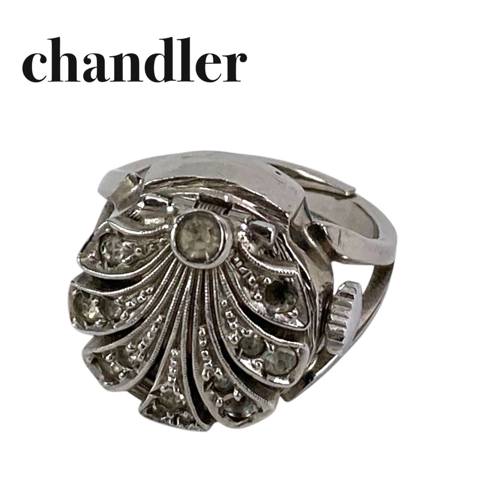 【希少 稼働品】chandler チャンドラー リングウォッチ 指輪時計 手巻き アンティーク ヴィンテージ 蓋付き シェル 扇型 デザイン ラインストーン シルバー レディース 稼働品 リューズ良好 希少 レア