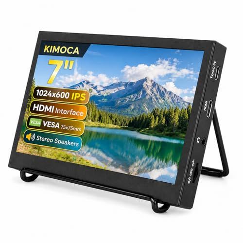 KIMOCA 7インチ モバイルモニター IPS液晶 1024×600 HDMI入力 Type-C給電(5V) 金属ボディ 高耐久 軽量 小型ディスプレイ Raspberry Pi使用可 VESA規格 スピーカー内蔵 サブモニター/ 9d44f43c