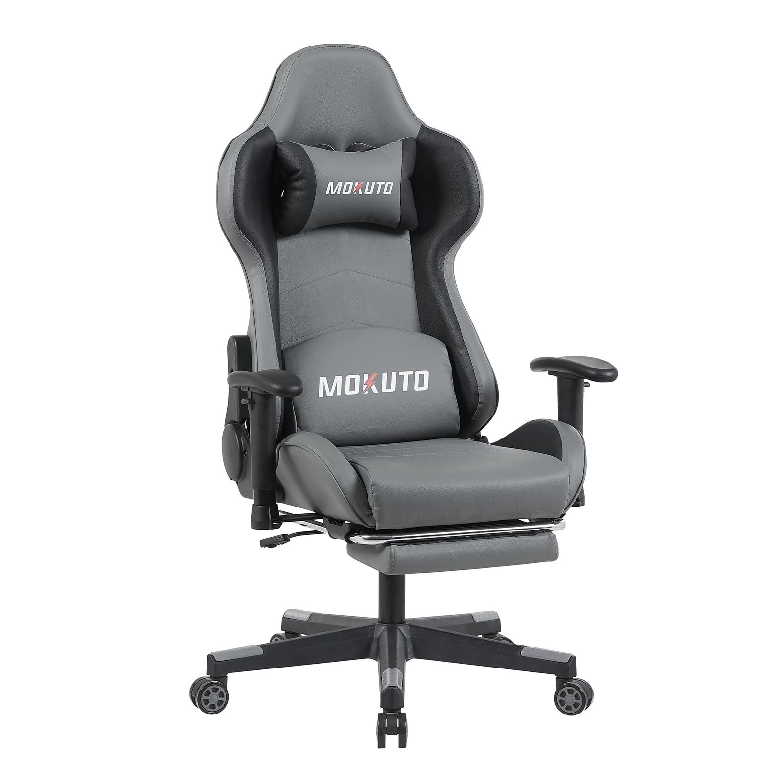 MOKUTO デスクチェア ゲーミングチェア フットレスト付き リクライニング 最大135° ハイバック設計 ヘッドレスト ランバーサポート 高さ調節可能 人間工学設計 長時間作業でも快適 PCチェア 在宅勤務 テレワーク オフィス用 椅子 ブラック&グレー