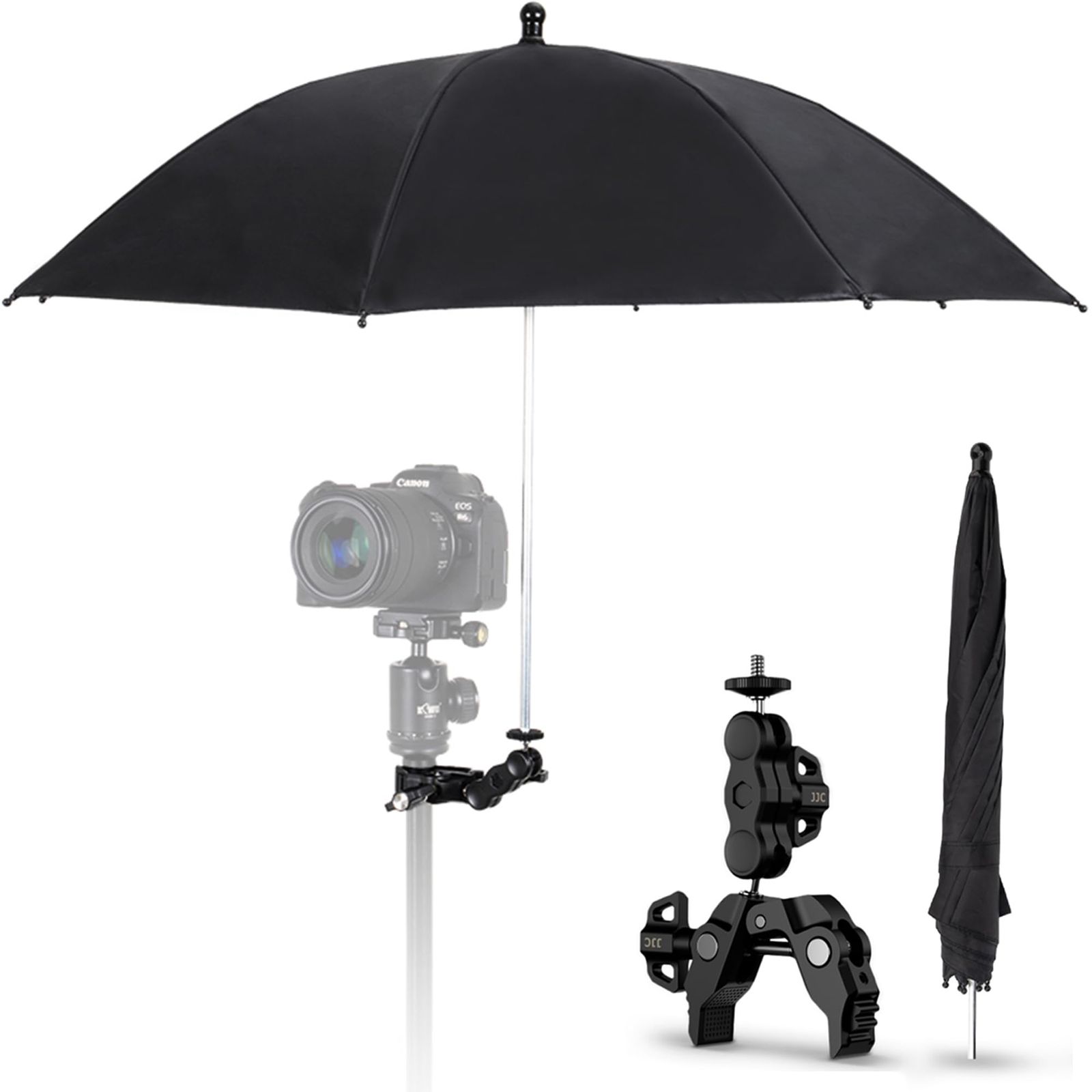 新品 JJC カメラ傘 三脚傘 釣り傘 カメラ クランプマウント 超大直径65cm 360°回転 1/4穴 3/8穴 アクセサリー拡張可能 雨対策 遮光 反射防止 雨避け 日光/鳥の糞/雪/雨からカメラを守る アルミ合金製 三脚 椅子 バイク 自転車 デスク